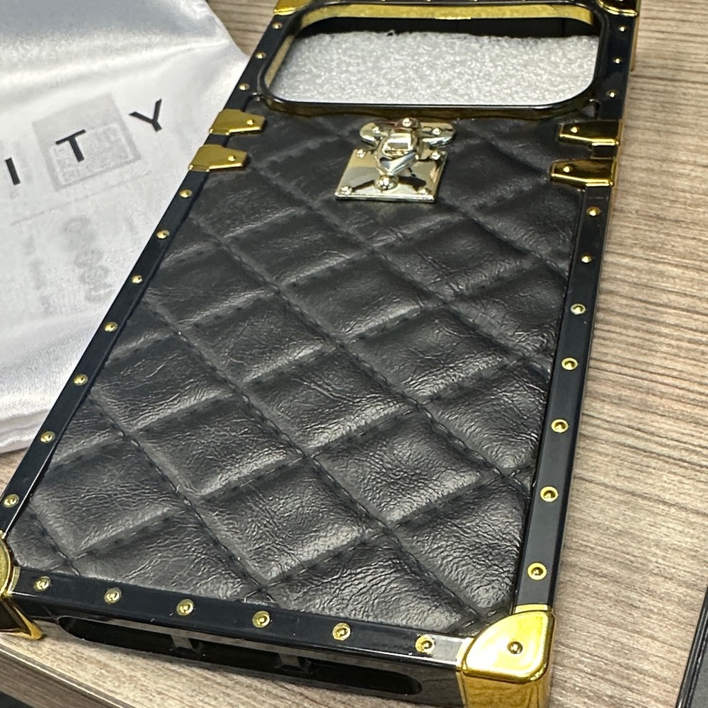 Black iPhone 17 Pro Max Quilted Leather Luxury Phone Case with Gold Hardware